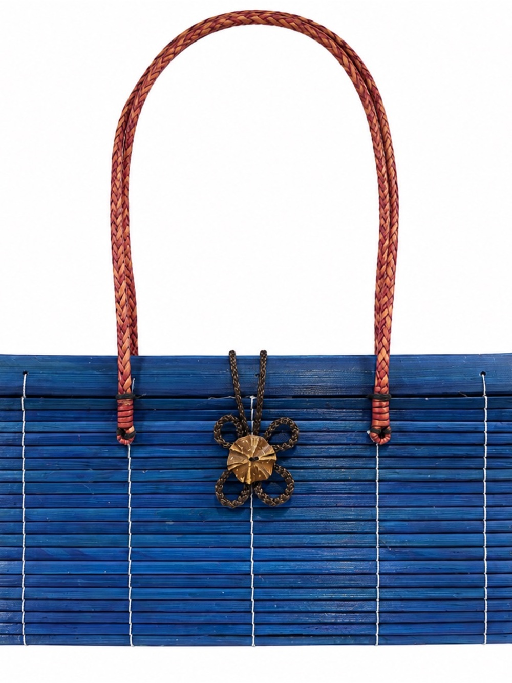 Blue Bamboo Tote Bag with Tan Braided Handles